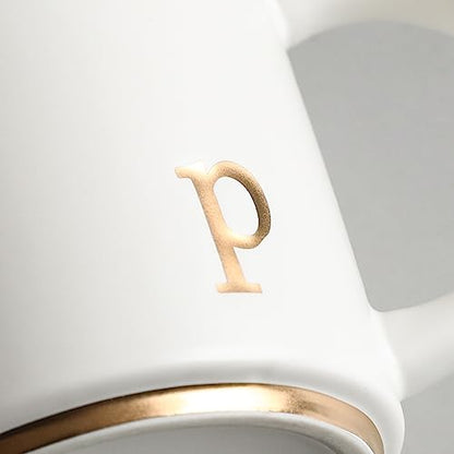 COLLECTIVE HOME Ceramic Coffee Mug, 15 oz Monogram Cup with Gift Box(P) | Dishwasher Safe, Engraved Gold Letter , Personalized Housewarming Birthday Present, Christmas Thanksgiving Mothers Day Gifts - color: gold-p