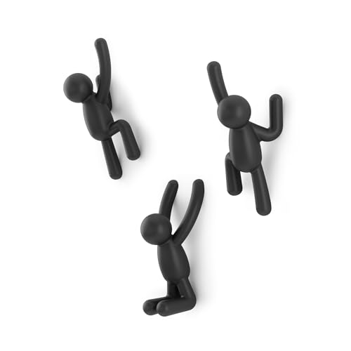 Umbra Buddy Wall Hooks, Decorative Wall Mount Coat Hooks, Set of 3, Black | Easy install with hardware, holds 5lbs per hook, entryway bedroom bathroom dorm, playful hanging storage, recycled plastic - color: Black, size: 10 Inch L x 7.5 Inch W x 3 Inch H
