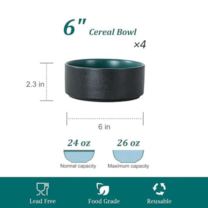 26 OZ Ceramic Cereal Bowls Set, 6 Inch, Set of 4, Modern Green | Handcrafted, Dishwasher & Microwave Safe, For Breakfast, Soups, Oatmeal, Ramen, Pho, Udon, Soba - color: Green, size: Cereal Bowls Set (4PCS)