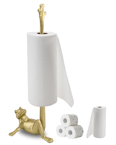 16.5" Golden Frog Paper Towel Holder for Bathroom & Kitchen - Whimsical Cast Iron Free Standing Paper Roll Holder, Decorative Toilet Paper Stand with Weighted Base - color: Gold