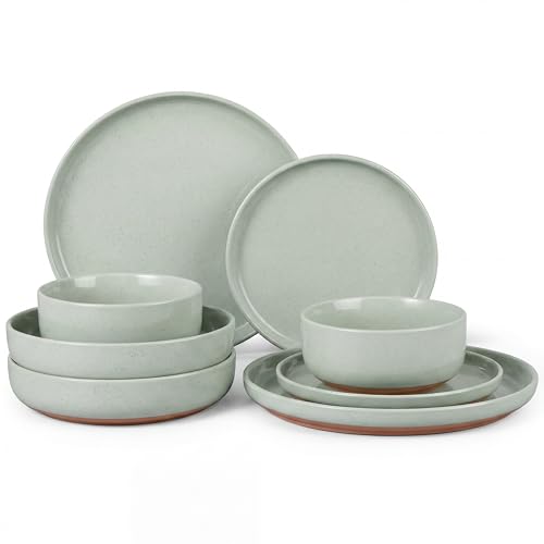 HaWare 8-Piece Plates and Bowls Set for 2, Stoneware Dinnerware Sets with Pasta Bowl, Dishes Set for Home Restaurant, Speckled Asparagus Green - color: Speckled Asparagus Green, size: 8pcs(with Pasta Bowls) for 2