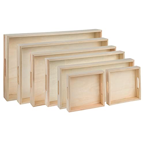 Wooden Serving Trays with Handles - 7 Piece Nested Breakfast Set - Perfect for Organizing, Bathroom, Party Buffet & Serving