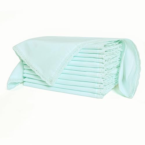 Ramanta Home Baby Blue Linen Flax Cloth Napkins Set of 12, 18x18 Inches | Flax Lace Cotton Linen Reusable Decorative Scalloped Dinner Napkins with Mitered Corners for Weddings, Everyday Use - color: Baby Blue, size: 18" x 18" (Set of 12)