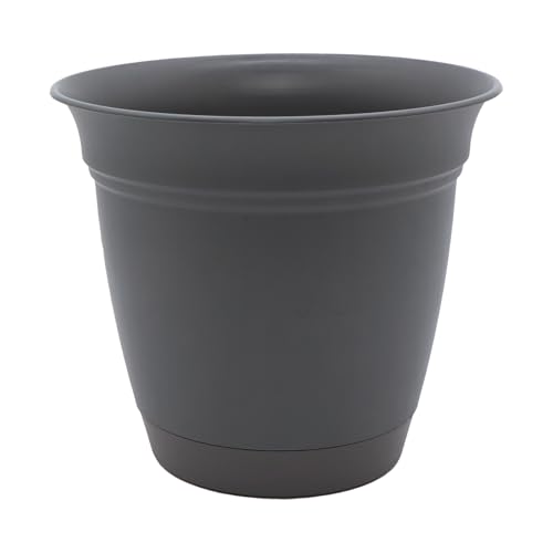 The HC Companies Eclipse Round Planter with Saucer - Outdoor & Indoor Plant Pot with Drainage Holes - Lightweight, UV-Resistant Plastic Pots for Plants, Flowers & Herbs (8" Warm Gray, Pack of 1) - color: Warm Gray, size: 8"