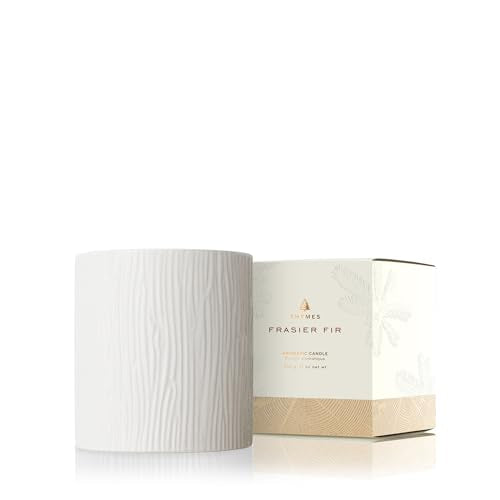 Thymes Frasier Fir Candle - Gilded Collection - Wood Grain Ceramic Design with 24-Karate Gold Rim - Mountain Fresh Fragrance - Elegant Winter Candle Scents - Gifts for Women & Men (Medium, 11 oz) - size: 11 oz