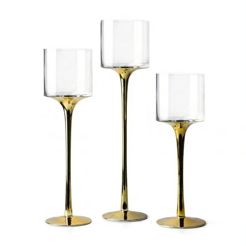 Royal Imports Glass Candleholder Flower Vase Set of 3, Gold | Floating & Pillar Candle Centerpiece Display, Decorative Hurricane on Pedestal for Home or Wedding
