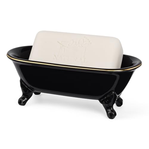 6.5" Ceramic Mini Decorative Clawfoot Bathtub Bar Soap Dish, Kitchen Sponge Holder and Shower Tray for Bathroom, 1 Pack (Black Gold Rim) - color: Black Gold Rim