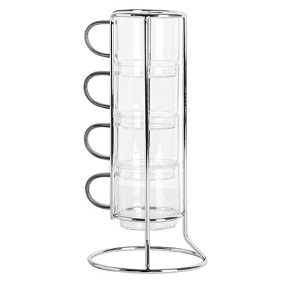 Gibson Soho Lounge Stackable Glass Espresso Cups with Rack, 4-Piece Set, 3.8oz – Durable Glass Coffee Cups - color: Espresso Cups with Rack (4-Piece), size: 3.8 Ounces