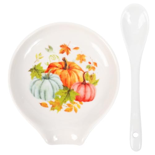 Fall Pumpkin Spoon Rest - Cute Watercolor Pumpkin Ceramic Holder with Spoon, Practical Utensil Autumn Thanksgiving Kitchen Decor for Stove Top - color: Pumpkin