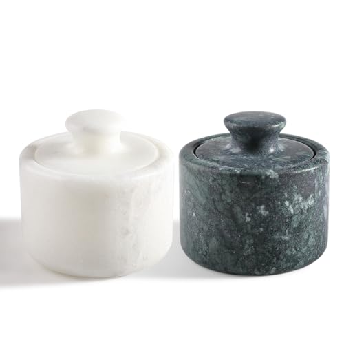 Marble Salt Cellar White and Green Salt Holder with Lid for Kitchen Table Décor, Elegant Modern Handcrafted Seasoning Container for Countertop, Salt and Pepper Holder & Coffee Beans Storage - color: Green/White