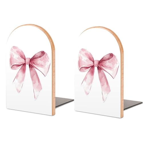 Trendy Watercolor Bow in Pink Wooden Bookends Shelves 2 PCS Preppy Style Sturdy Book Holders Desktop Organizer for Home Office Libraries - color: Color-3