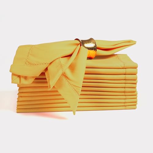 Ramanta Home Set of 12 Cloth Napkins 20x20 Inches, Mustard | Polyester Napkins with Hemmed Edges, Washable Reusable Dinner Napkins Ideal for Parties, Weddings,Hotels and Banquets - color: Mustard, size: 20" x 20" (Set of 12)