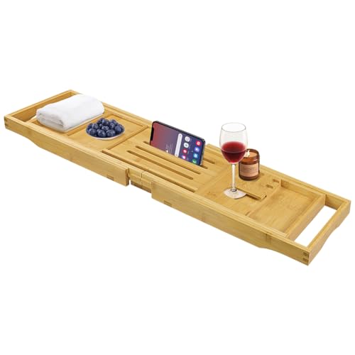 BFTOU Bamboo Bathtub Tray Expandable Bath Table Tray Bathtub Caddy for Relaxing SPA Bathroom Accessories for House Warming Shower