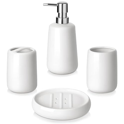 vancasso White Bathroom Accessories Set, Ceramic Soap Dispenser and Toothbrush Holder Sets, Stoneware 4 Pcs Bathroom Sink Set for Modern Home Decor - style: White