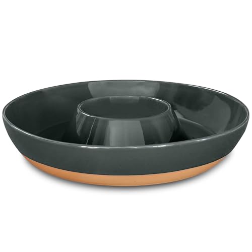 Mora Ceramic Chips and Dip Serving Tray: Large Divided Party Bowl Set for Chips & Salsa, Veggies & Dip, Fruit, Snacks, Entertaining, Hosting, etc. Minimalist Design for the Modern Hostess - Charcoal - color: Charcoal