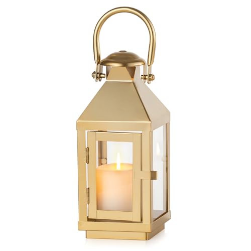 NUPTIO Gold Lanterns Decorative Outdoor, 8.6 Inch Lantern with Glass | Metal Lantern with Glass for Pillar Candle, Fireplace Decor for Christmas Indoor Home Living Room Mantle Porch Wedding - color: Gold, size: Small