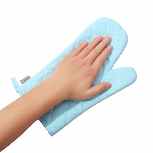 Oven Mitts and Pot Holders 4 pcs Set,High Heat Resistant 500 Degree Extra Thicken Long Kitchen Cotton Oven Glove for Cooking (12 Inch,Light Blue) - color: Cotton-light Blue