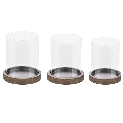 Set of 3 Glass Hurricane Candle Holders for Pillars with Vintage Natural Solid Wood Bases Crafted from Pine, Farmhouse Candlestick Holder, Centerpieces for Home, Garden, Table, Mantel, Wedding, Party - color: Old Natural, size: 5.4"&4.6"&3.8"