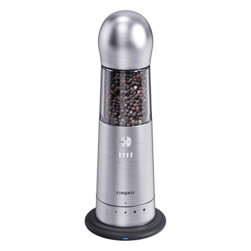 COSPRO Electric Grinder with Qi-Wireless Charging Base | Kitchen Gift | Rechargeable Automatic Spice Mill | Stainless Steel | One Hand Button Use | Adjustable Coarseness | Easy Clean - size: Set of 1
