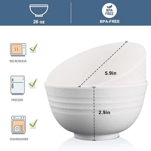 Wheat Straw Bowls Set of 8, Unbreakable White Cereal Bowl 26OZ, Microwave and Dishwasher Safe Oatmeal Bowls, Kitchen Bowl Suitable for Cereal,Salad,Snack (White) - color: White, size: 26 oz