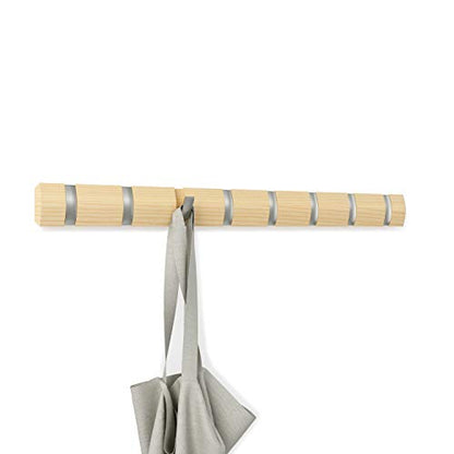 Umbra Flip Coat Rack, Wall Mount 8-Hook, Space Saving, Natural/Nickel | Real wood and steel build, retractable hooks fold flat, holds coats bags and scarves, easy install - color: Natural/Nickel, size: 8-Hook