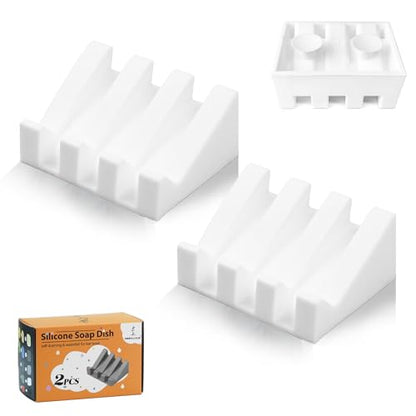 Silicone Soap Dish Self Draining with Suction Cups (White, 2 Pack) | Waterfall drainage design drains fast to keep soap dry silicone soap saver with reusable suction cups for bathroom & kitchen - color: White, size: 2