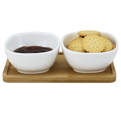 EIKS Ceramic Dip Bowls Side Dishes with Wooden Tray | For Serving Appetizer, Nuts Candy Snack, Sauce Seasoning