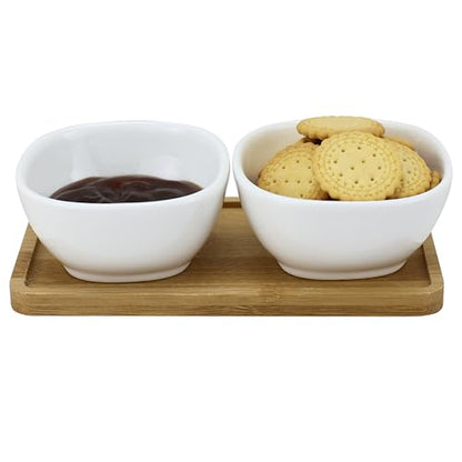 EIKS Ceramic Dip Bowls Side Dishes with Wooden Tray | For Serving Appetizer, Nuts Candy Snack, Sauce Seasoning