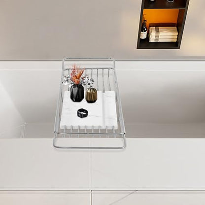 Expandable Bathtub Tray Caddy for Luxury Bath, Extra Wide Acrylic Tub Tray with Natural Marble Board, Waterproof Bath Tub Shelf for Phone, Wine, Book, Tablet Stand - Ideal Home Spa (Silver, White) - color: Silver, White