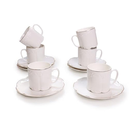GuangYang 3oz Fine Porcelain Espresso Cups and Saucers,Embossed White with Gold Trim, Demitasse Cup Set for Espresso,Double Espresso,Macchiato,After-dinner coffee servings