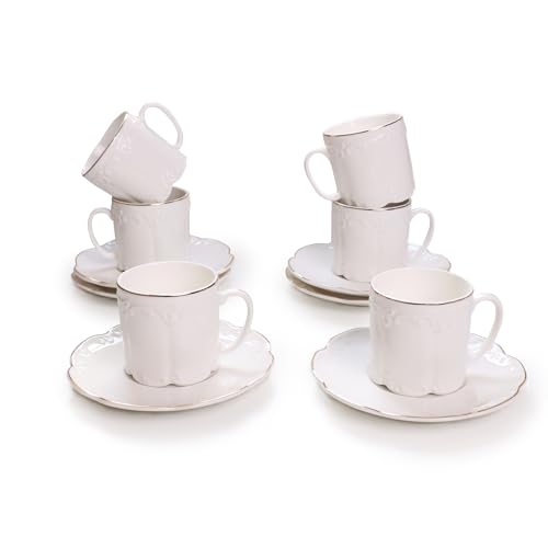 GuangYang 3oz Fine Porcelain Espresso Cups and Saucers,Embossed White with Gold Trim, Demitasse Cup Set for Espresso,Double Espresso,Macchiato,After-dinner coffee servings