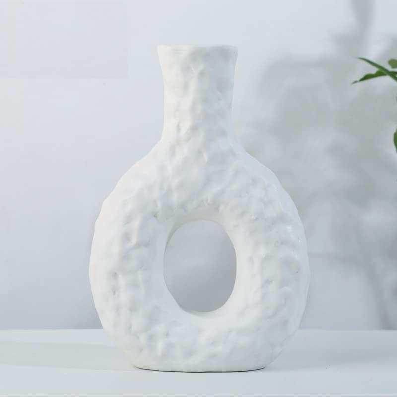 NA Ceramic Vase, Donut Dried Flower Special-Shaped Living Room Flower Arrangement Vase, Nordic Geometric Figure Hydroponic Table Home Decoration (White A)