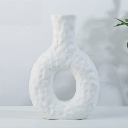 NA Ceramic Vase, Donut Dried Flower Special-Shaped Living Room Flower Arrangement Vase, Nordic Geometric Figure Hydroponic Table Home Decoration (White A)