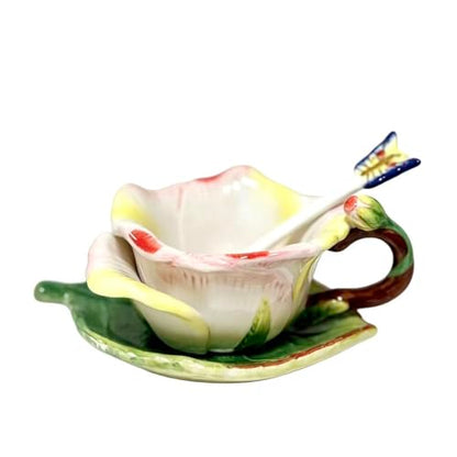 Ceramic Tea Cup and Saucer Set ，6OZ 3D Hand-Painted Flower and Lotus Leaf Coffee Mug，Gift for Women- Champagne Rose - color: Champagne Rose