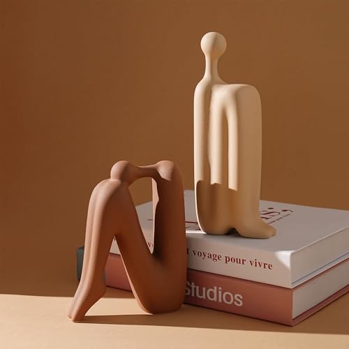Linxia Abstract Ceramic Figurine Bookends | Warm Brown & Off-White Pair | Back-to-Back Design | Decorative Desk, Office & Window Display Accents - color: Warm Brown & Off-white
