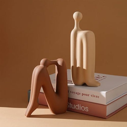 Linxia Abstract Ceramic Figurine Bookends | Warm Brown & Off-White Pair | Back-to-Back Design | Decorative Desk, Office & Window Display Accents - color: Warm Brown & Off-white
