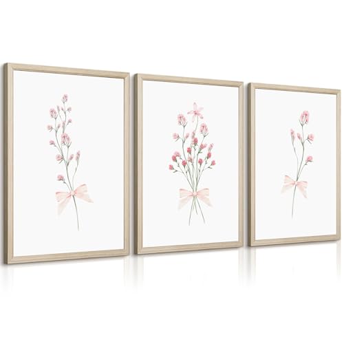 Nursery Flower Wall Art Girl Floral Canvas Wall Decor Boho Wildflower Art Poster Pink Bow Pictures Nursery Floral Prints Vintage Botanical Artwork for Girls Room Bedroom 12x16 Inch Wood Framed 3Pcs - color: Girls Floral Art, size: 12''x16'' Framed
