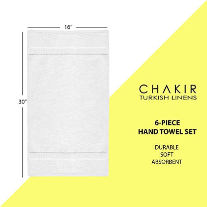 Chakir Turkish Linens 6 Piece Hand Towels, 100% Cotton Luxury Turkish Towels for Bathroom, Soft Absorbent Hand Towel Set, 16 x 30 Inches, White - color: White