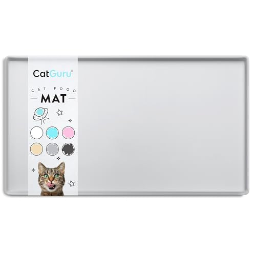 CatGuru Premium Cat Food Mat, Silicone Feeding Mat for Food and Water Bowls | Extra-high raised edge contains spills. Waterproof, non-slip 100% food-grade silicone protects floors/ Small, Silver - color: Silver, size: S: 19" x 11"