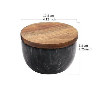 jalz jalz Black Marble Salt Cellar with Wood Lid, Large 10oz & Spoon - color: Natural Cover Black Base