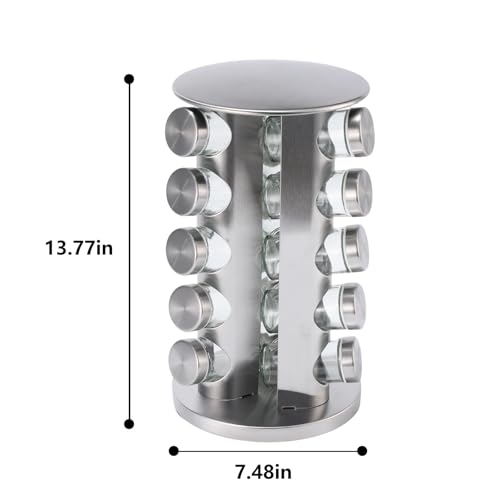 20-Jar Revolving Spice Rack, Stainless Steel Seasoning Organizer for Cabinet or Countertop, with Black Caps