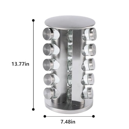 20-Jar Revolving Spice Rack Organizer, Stainless Steel Rotating Seasoning Holder with Glass Spice Jars & Black Caps, Space Saving Spice Carousel for Kitchen Countertop & Cabinet