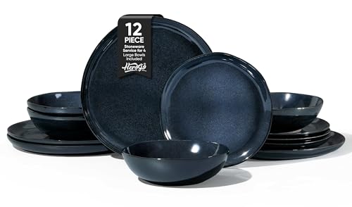 Herogo 12pcs Stoneware Dinnerware Sets for 4, Irregular Handmade Dinner Plates and Bowls, Kitchen Dining Dish Dishware Set, Microwave & Dishwasher Safe,Starry Blue - color: Starry Blue, size: 4 Set (12pcs)