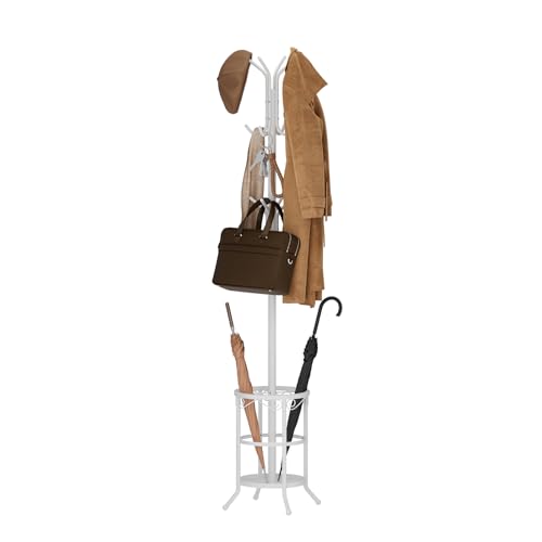 Coat Rack Freestanding with Umbrella Holder – Metal Hanger Stand, Hall Tree with 12 Hooks, Entryway Organizer for Hats, Bags, and Clothes (White) - color: White