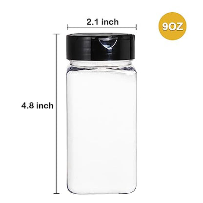 Bekith 16 Pack 9 oz Plastic Spice Jars with Black Cap, Plastic Spice Bottles Empty Seasoning Containers for Storing Spice, Herbs and Powders