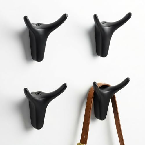 POZEAN 4 Pack Antler Wall Hooks for Hanging, Matte Black Heavy Duty Coat Hooks Wall Mounted for Coats Hats Bags Keys, Decorative Deer Antler Metal Hook for Entryway Mudroom Bathroom Bedroom (4, Black) - color: Black