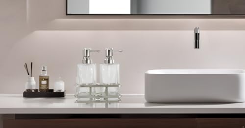 Square Glass Clear Lotion and Soap Pump Dispenser Set with Metal Stand Caddy for Bathroom Bath Kitchen Home Office Travel Hotel Hand Crafted Heavy Weight Nickel - color: Nickel