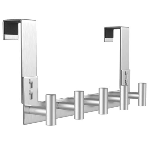 PMMASTO Over The Door Hooks, Door Hanger Hook for Hanging, Coat Rack Organizer for Bathroom, Towel Holder Bathroom Accessories (Silver 5 T-Hooks-Fits 1-3/4" Thick Door) - color: Silver, size: 7.5 Inch-5 T-Hooks, Fits 1-3/4" Thick Door
