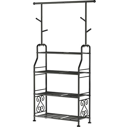 GIOTORENT Plant Stand Indoor Outdoor, 4-Tier Heavy Duty Metal Shelves, Display up to 17 Multiple Plants, Tall Plant Holder with Plant Hanger, Suit for Patio Living Room Garden Balcony, 5 Hooks, Black - size: B-4Tier-Hanger