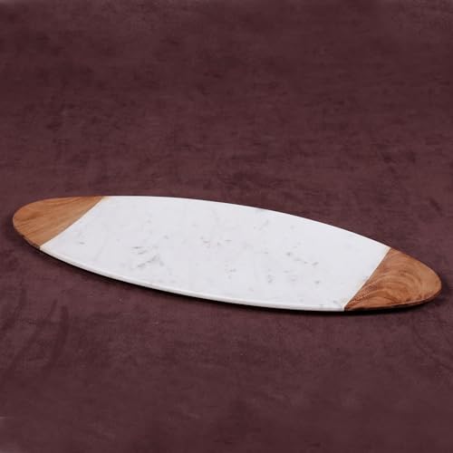 Creative Home Luxury Taj Mahal Natural Marble & Solid Wood Trim Cheese Board, Handcrafted Serving Platter with Cool Surface for Charcuterie, Pastries - KITCHEN ESSENTIAL Gift